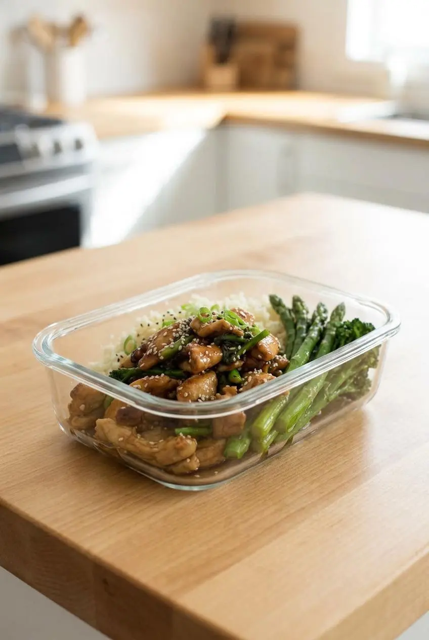 Keto teriyaki chicken with cauliflower rice and green vegetables neatly packed in a glass meal prep container.