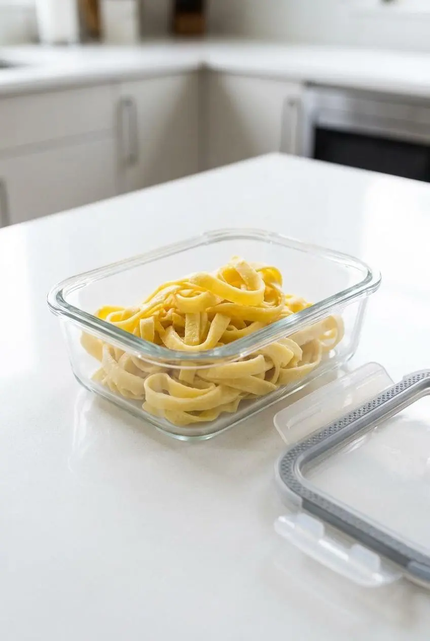 Cool keto egg noodles stored neatly in a clear glass meal-prep container on a white quartz countertop.
