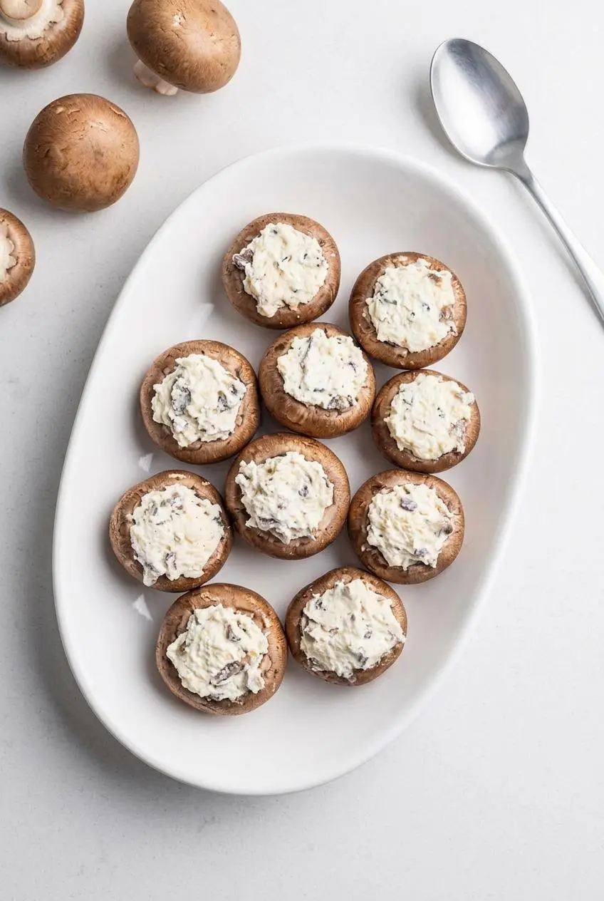 Uncooked stuffed cremini mushrooms neatly arranged in a white ceramic baking dish, ready for the oven.