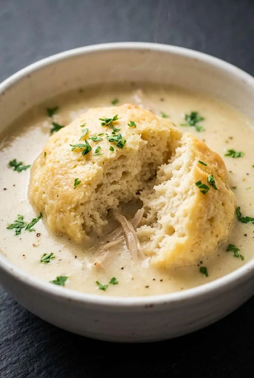Close-up of a tender keto dumpling broken open to show its light crumb texture in a creamy broth.
