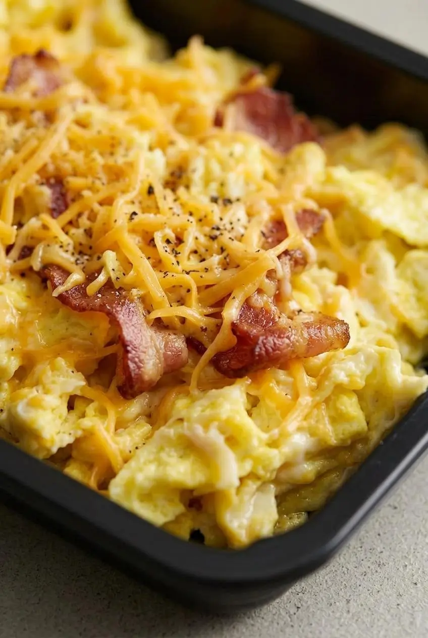 Macro close-up of glossy, moist scrambled egg curds folded with melted cheddar and black pepper.