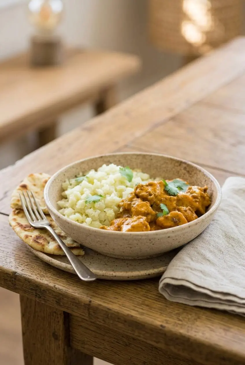 Rustic ceramic bowl of keto butter chicken served over steamed cauliflower rice with low-carb naan bread on the side.
