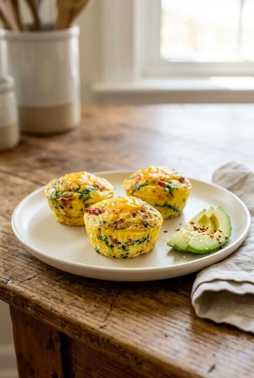 Three golden keto egg bites served on a ceramic plate with fresh sliced avocado on a rustic wooden table.