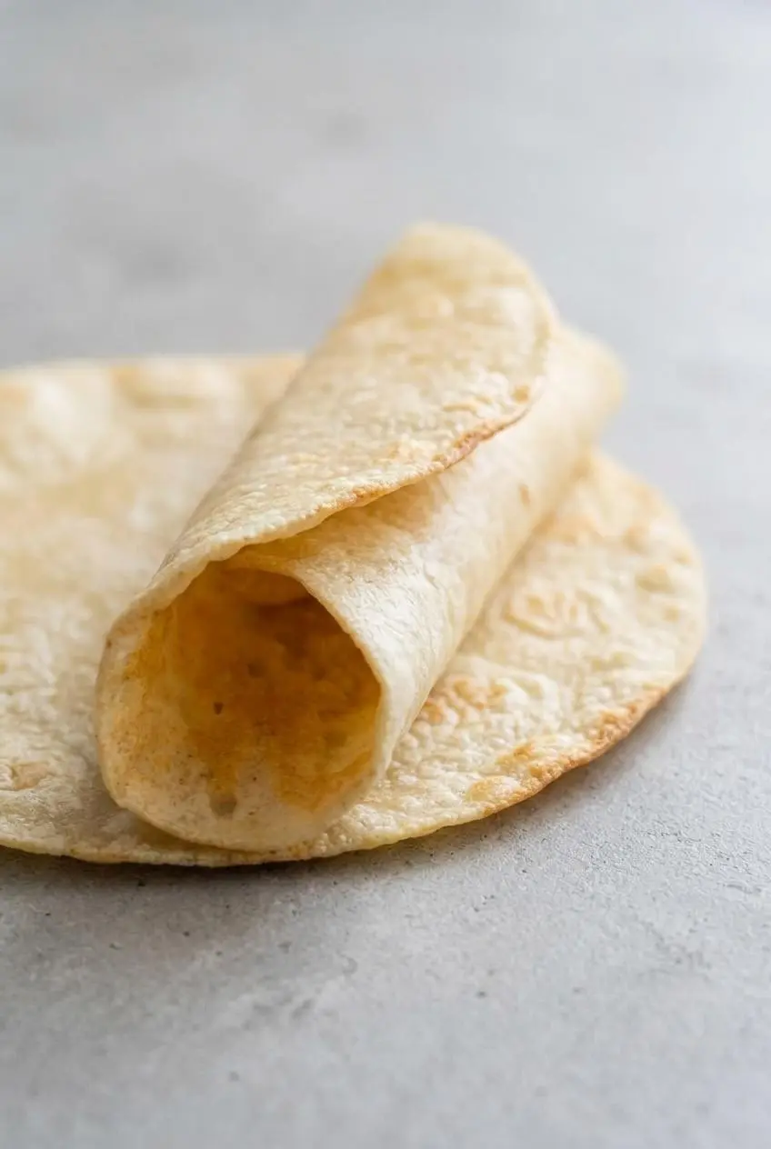 A single baked keto tortilla being gently folded to showcase its soft, highly pliable texture without cracking.