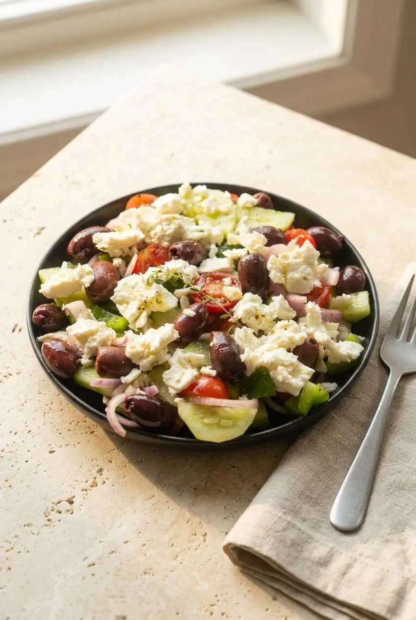 A dressed keto Greek salad served in a ceramic bowl on a sunlit table with a serving fork.
