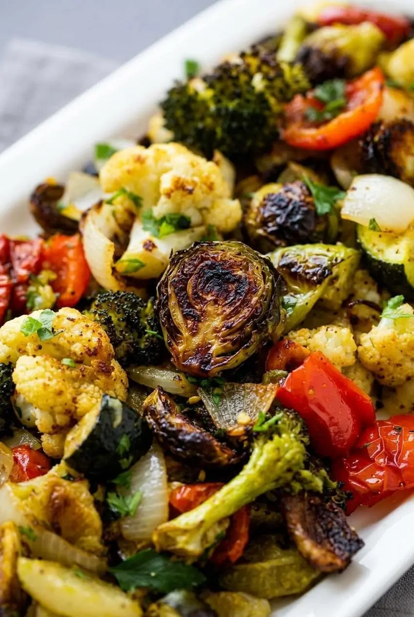 Close-up of caramelized Brussels sprouts and charred broccoli on a dark baking sheet showing crisp textures.