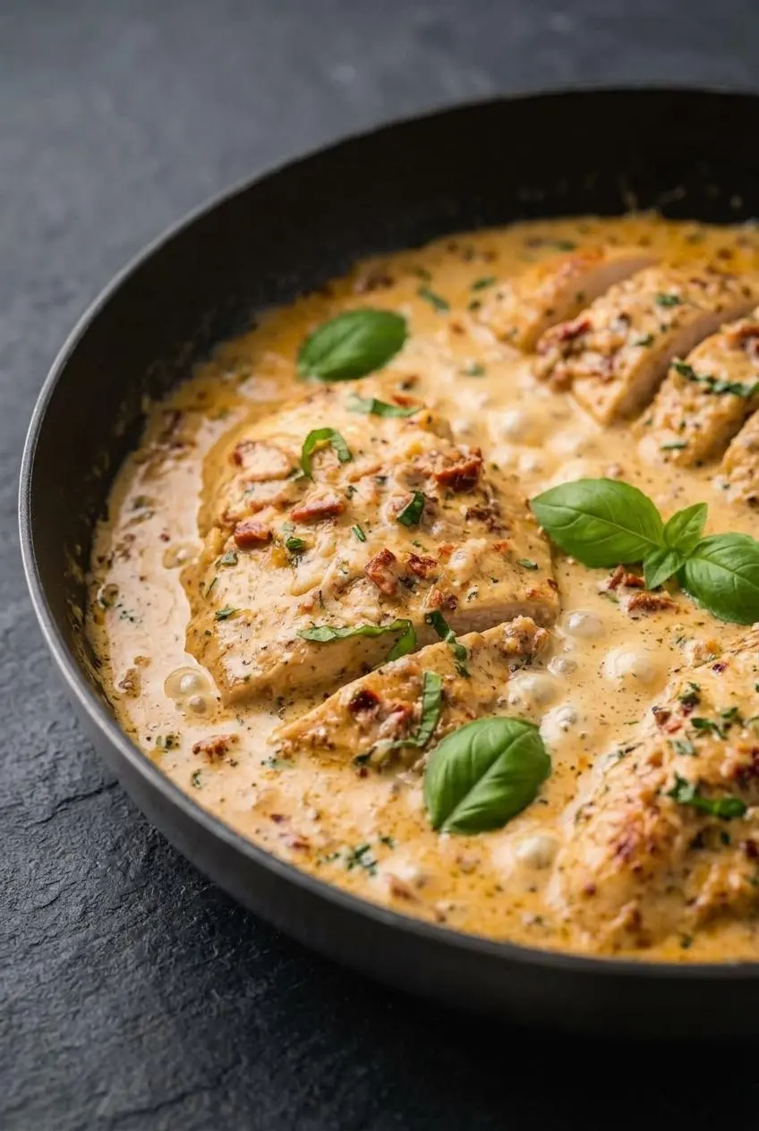 Close-up of a bubbling, glossy cream sauce with sun-dried tomatoes and chicken in a skillet.