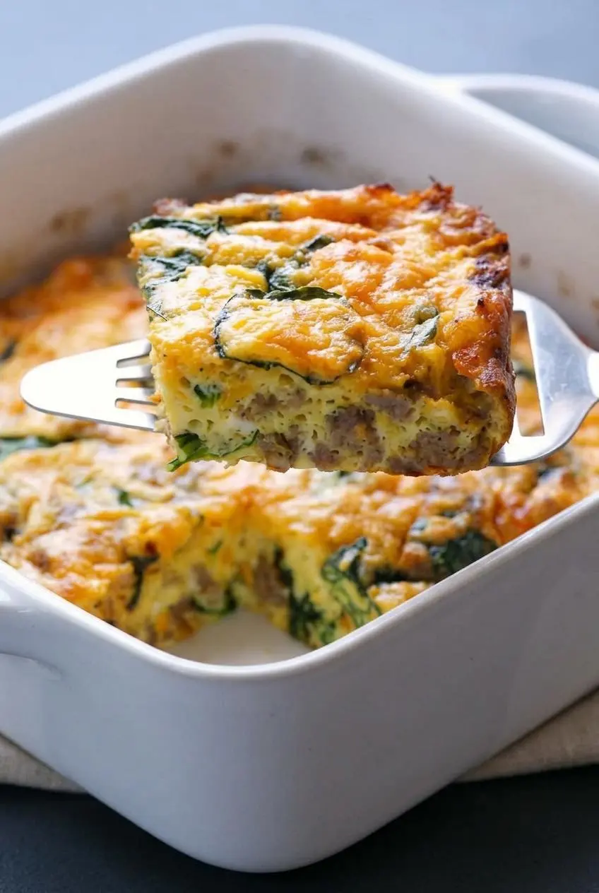 Close-up of a sliced keto egg bake showing a fluffy, custard-like texture without any watery wetness.