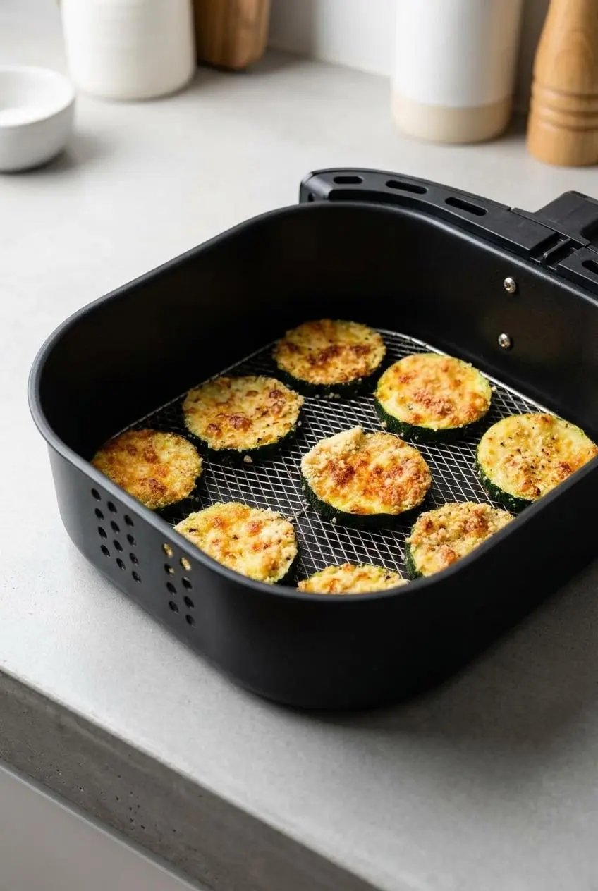 Reheated keto baked zucchini slices arranged in a single layer inside a black air fryer basket.