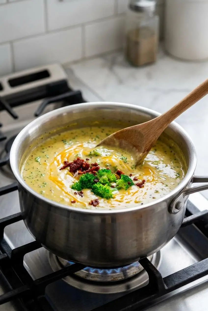 Stirring glossy keto broccoli cheddar soup with a wooden spoon in a saucepan on the stovetop.