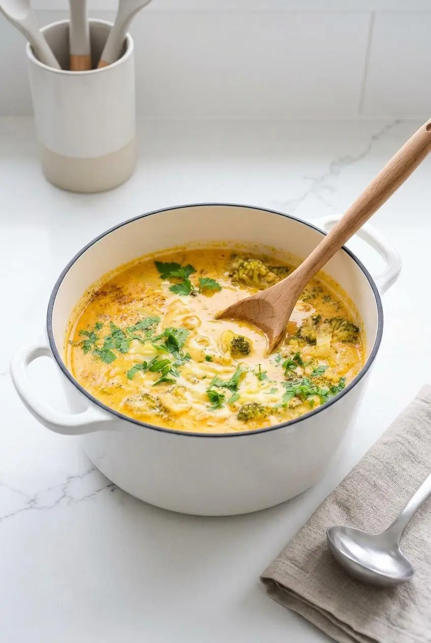 Creamy green broccoli soup being gently stirred with a wooden spoon in a ceramic Dutch oven on a white countertop.
