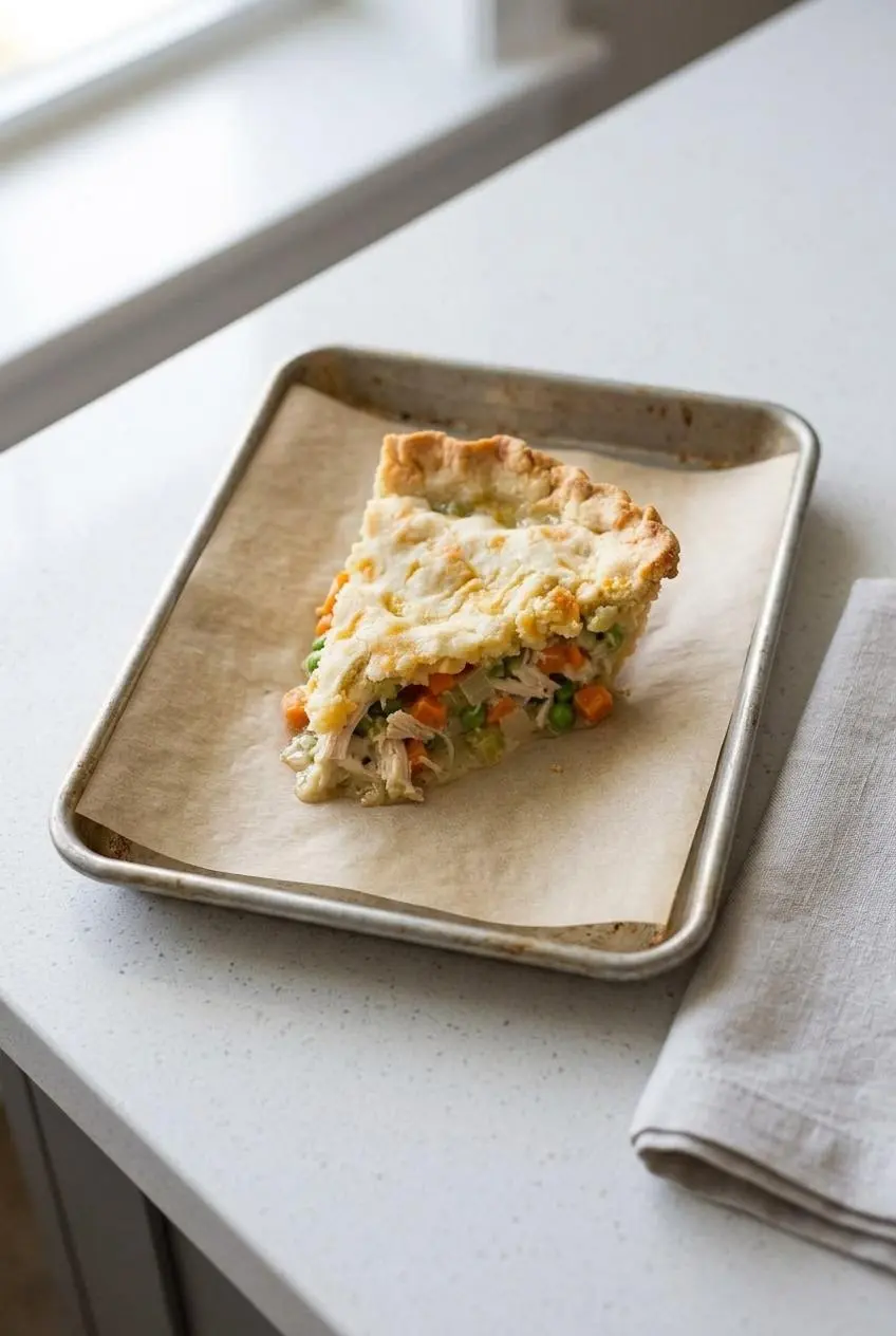 A slice of keto chicken pot pie being reheated on parchment paper over a baking sheet on a white countertop.