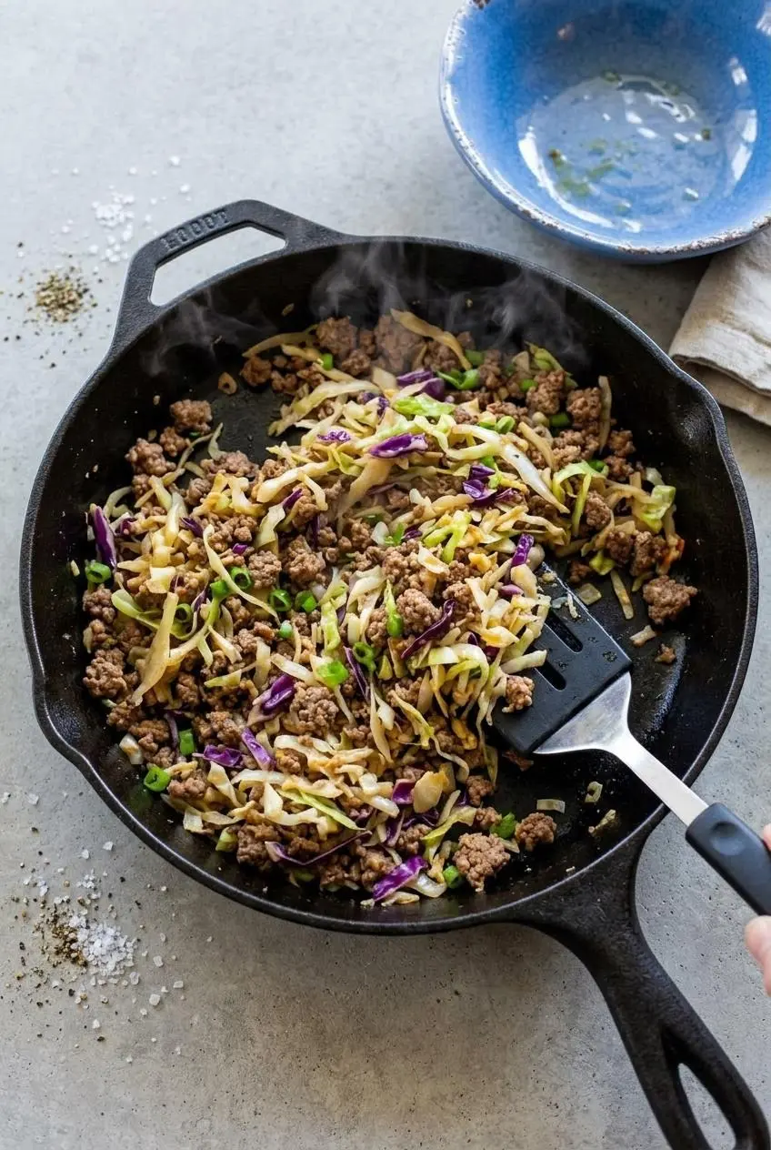 Reheating ground beef and cabbage egg roll bowl in a hot cast iron skillet as steam gently escapes.