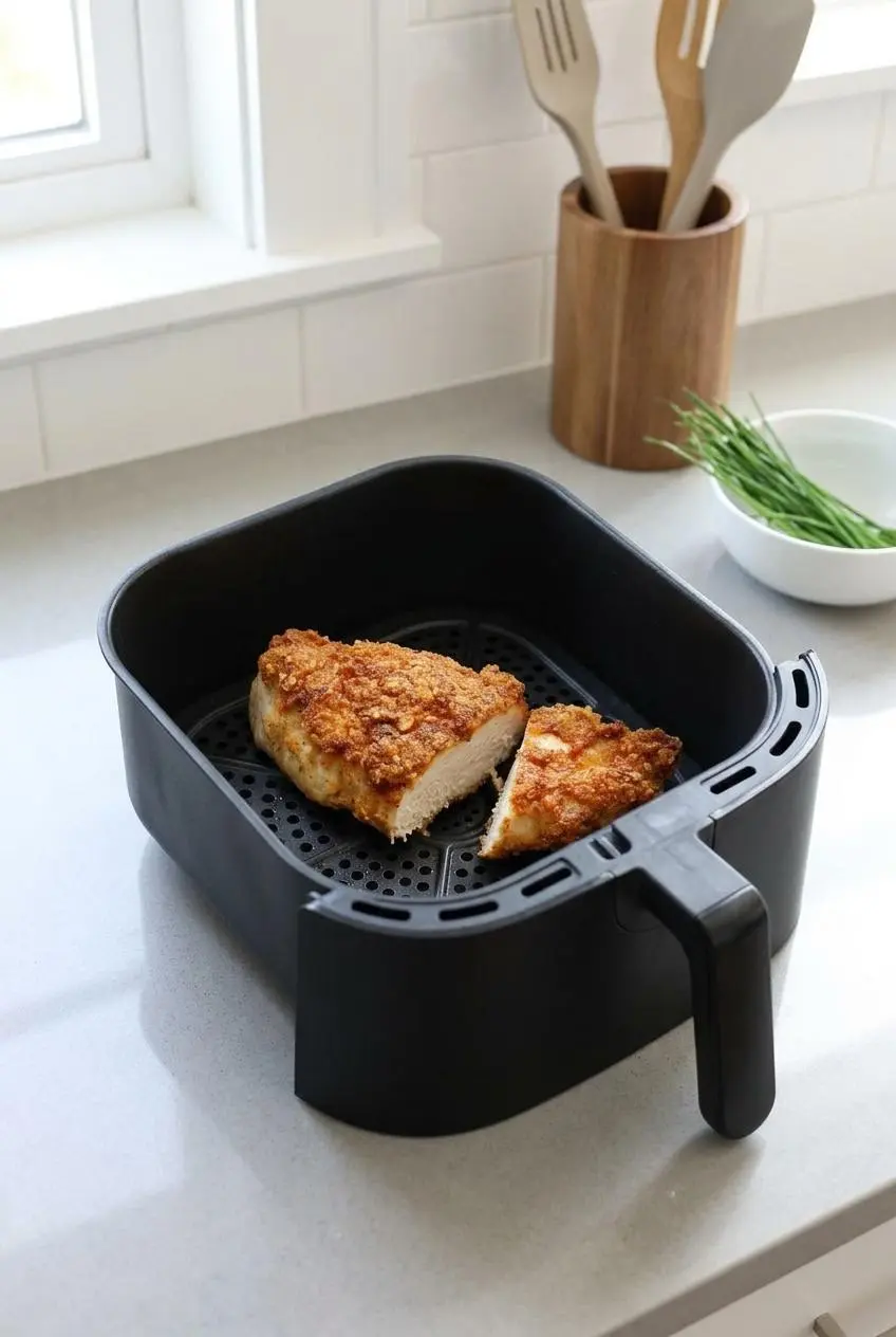 Fried keto chicken pieces placed inside a black air fryer basket on a kitchen countertop.