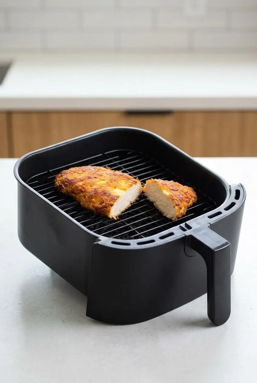 Golden parmesan crusted chicken cutlets arranged on a wire rack inside a black air fryer basket.