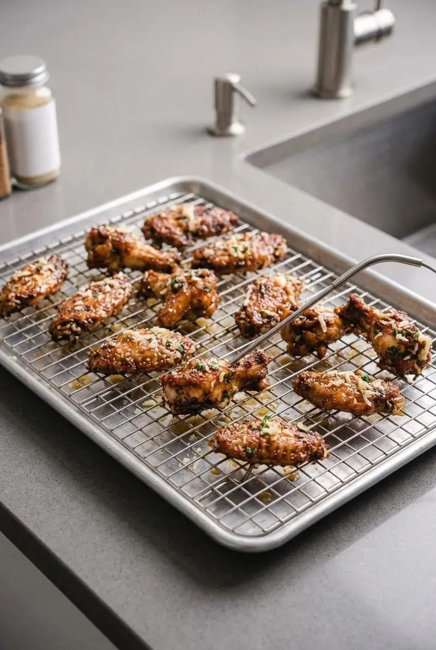 Leftover chicken wings spread evenly on a wire rack over a baking sheet for reheating.