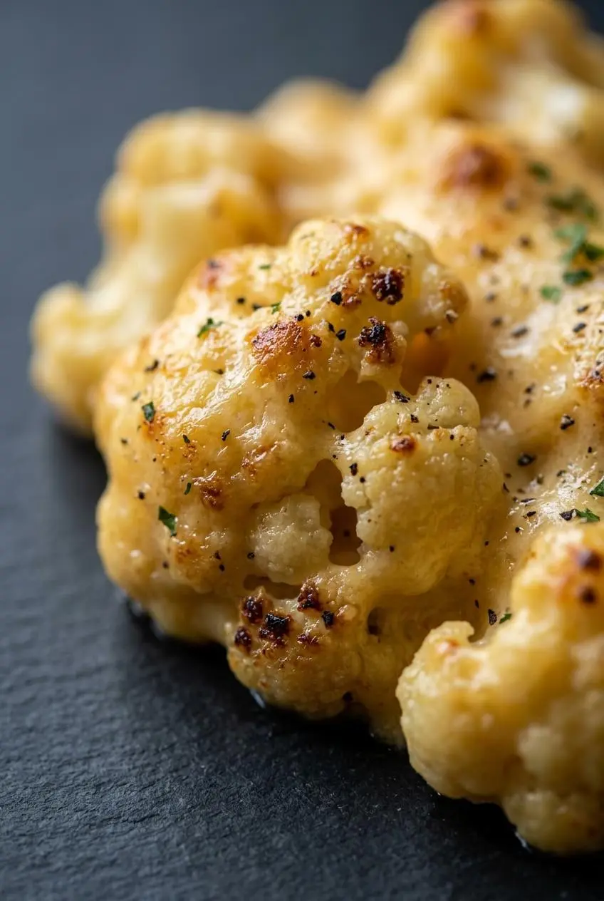 Extreme close-up of a roasted cauliflower floret coated in a thick, velvety cheese sauce with black pepper.