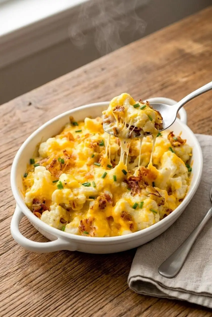 A serving spoon lifting a cheesy portion of baked keto cauliflower casserole from a white ceramic dish.