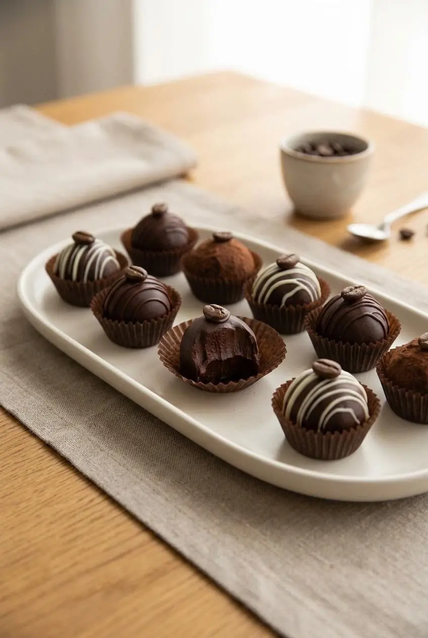 Platter of keto chocolate truffles in mini paper cups drizzled with dark and white chocolate for serving.