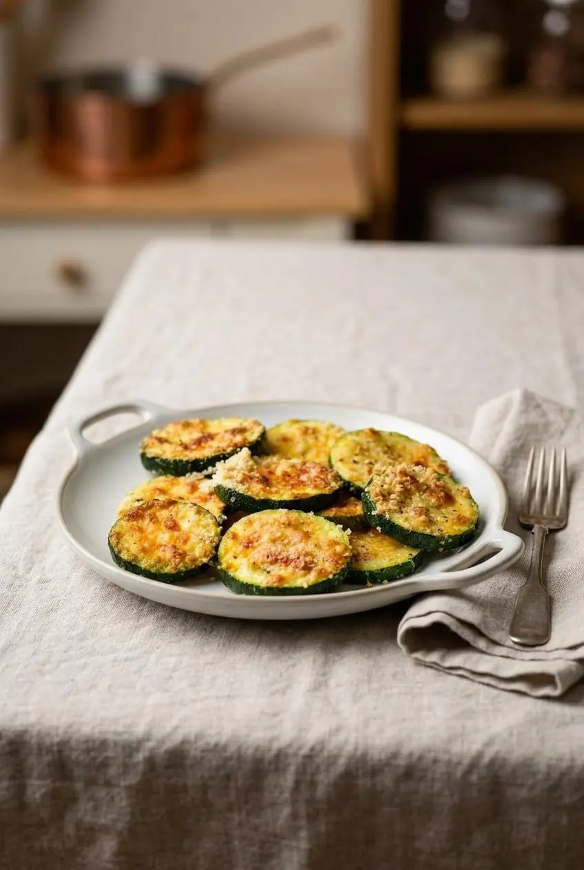 Baked zucchini slices with a toasted parmesan topping served on a white ceramic plate on a linen tablecloth.