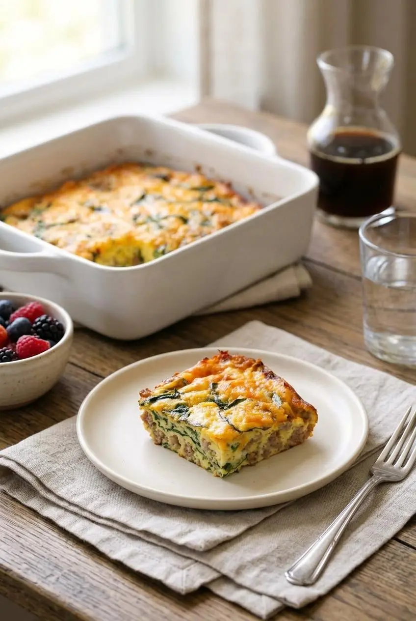 A portioned square of keto breakfast casserole on a ceramic plate, with the baking dish in the background.