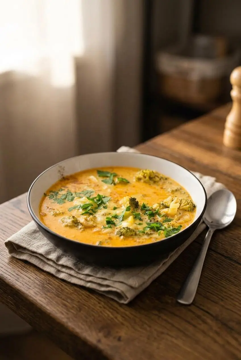 Finished keto broccoli cheddar soup in a ceramic bowl on a dark wood table with a spoon and napkin.