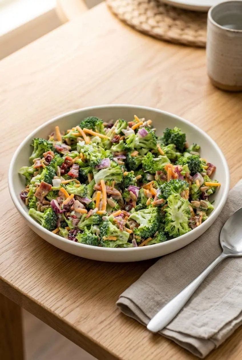 Keto broccoli salad served in a white bowl with a silver serving spoon on a wooden dining table.