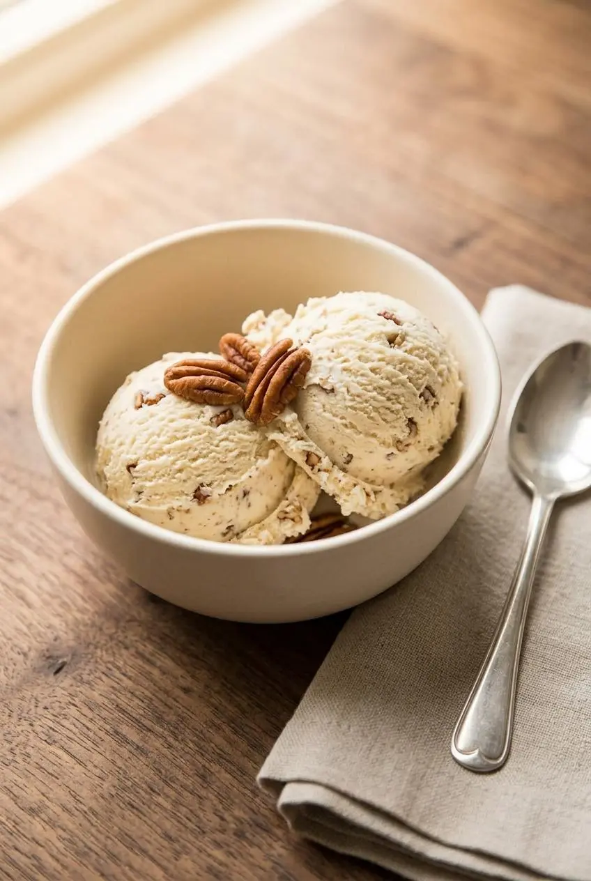 Two scoops of butter pecan ice cream in a ceramic bowl garnished with toasted pecans on a wooden table.