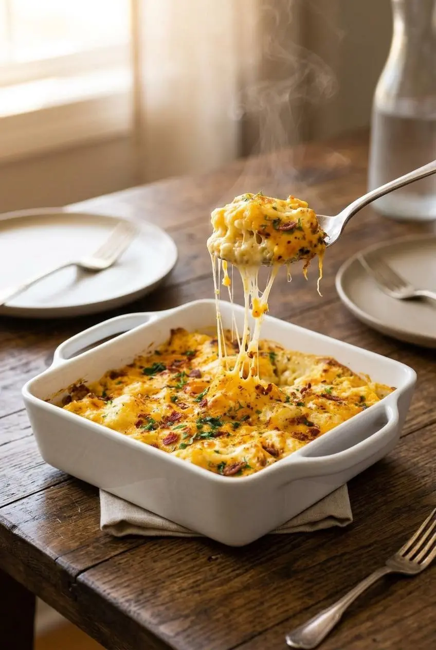 Lifting a warm scoop of bubbling keto cauliflower mac and cheese from a baking dish with a long melted cheese pull.