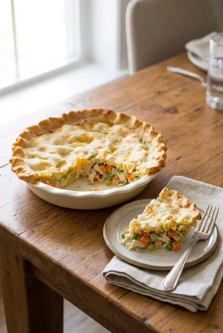 Sliced keto chicken pot pie served in a ceramic baking dish on a rustic wooden dining table.