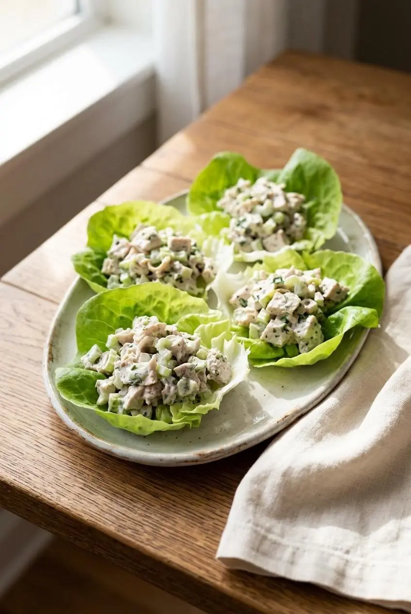 Creamy keto chicken salad served in crisp butter lettuce cups on a light ceramic platter.