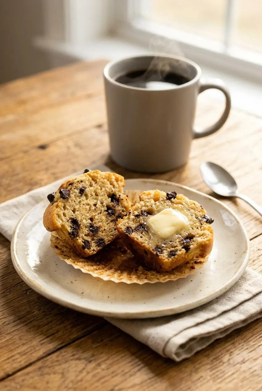 Sliced keto chocolate chip muffin with melting salted butter on a plate next to a cup of hot black coffee.