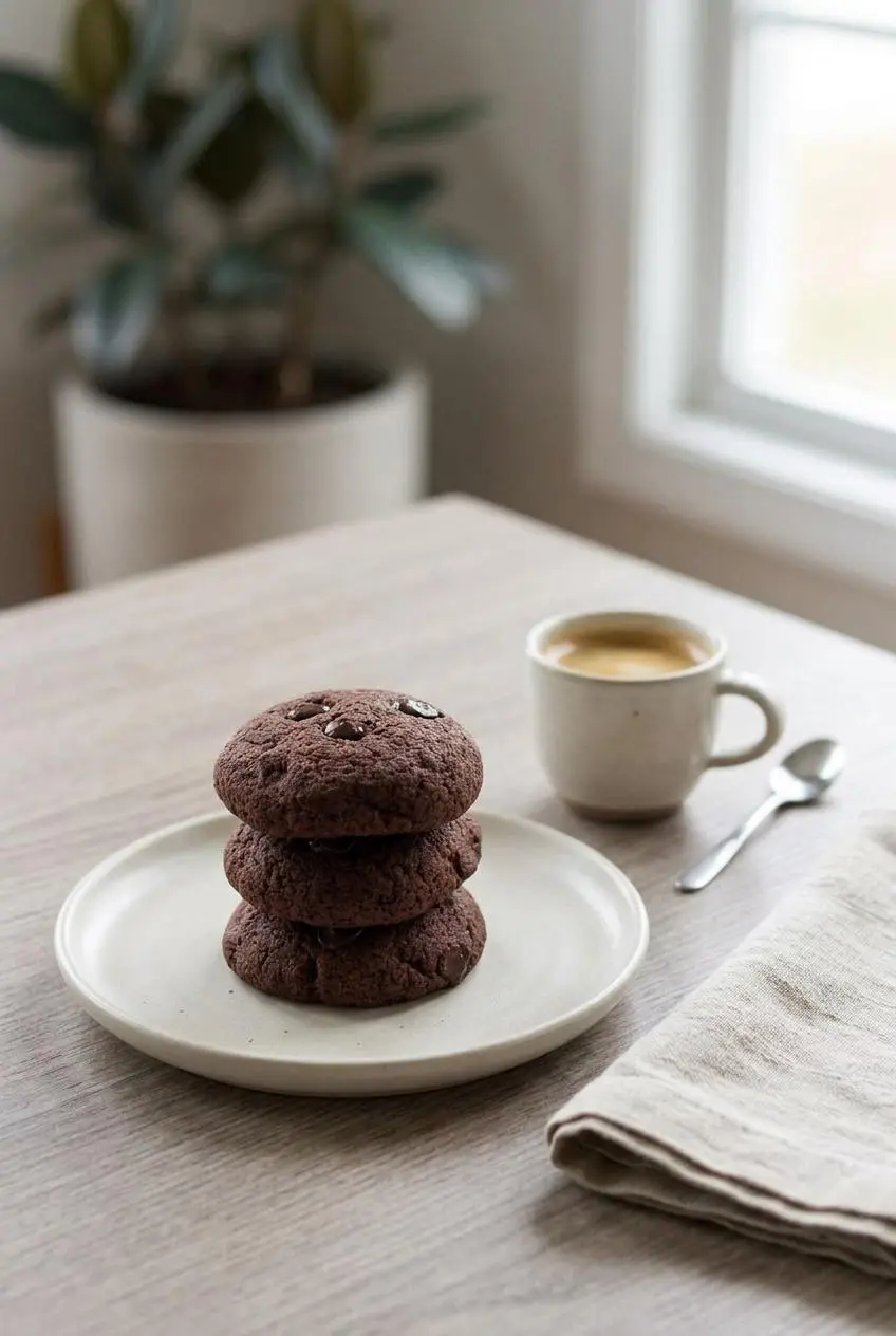 Stack of keto chocolate cookies on a ceramic plate served beside a cup of black espresso.