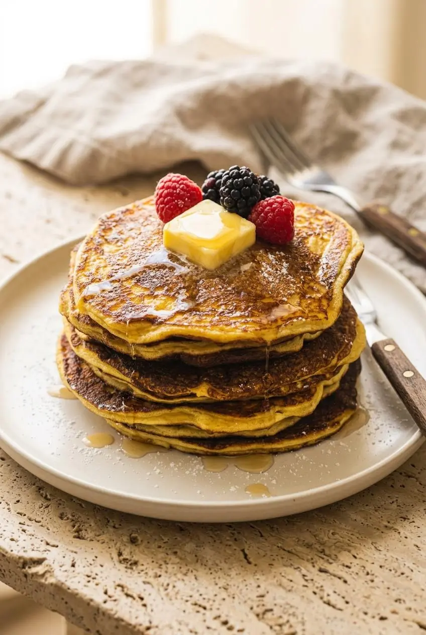 Stack of keto cottage cheese pancakes topped with butter, fresh berries, and sugar-free syrup.