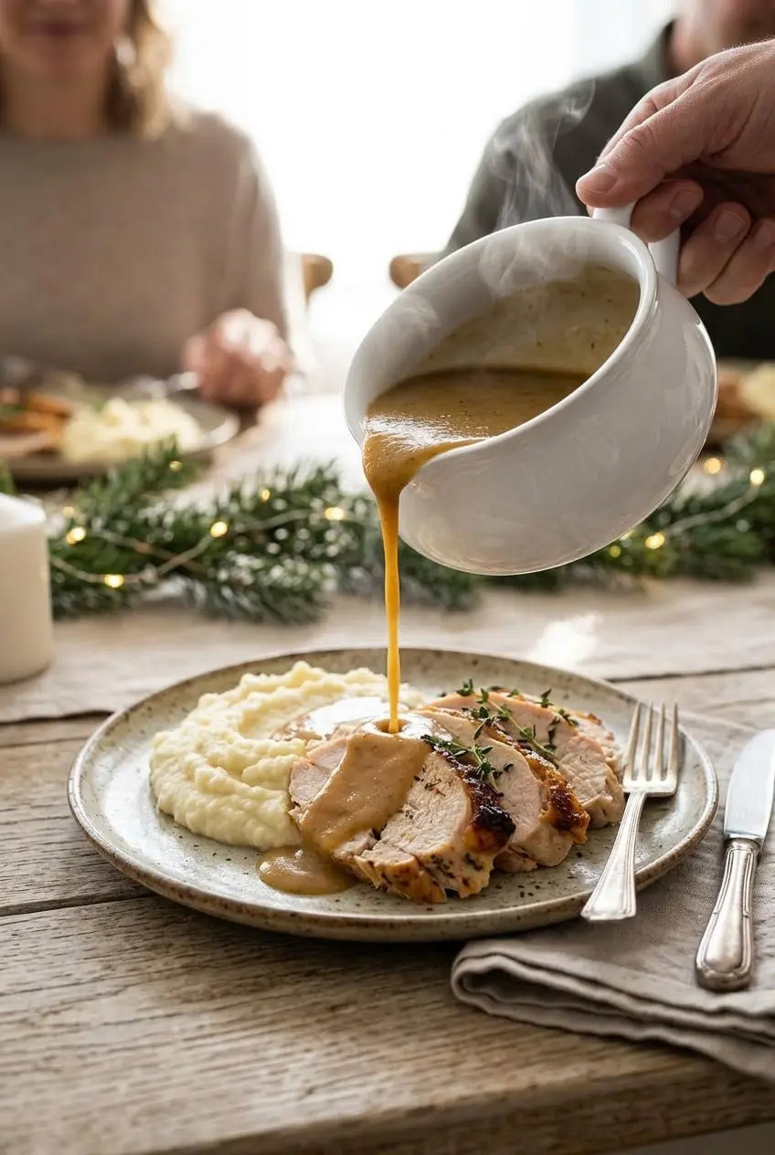 Pouring hot low carb gravy over sliced roast turkey and whipped cauliflower mash.