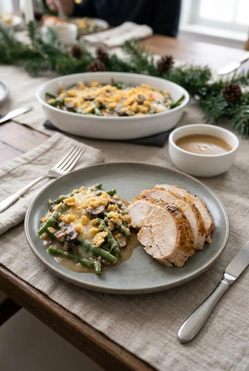Plated serving of keto green bean casserole alongside sliced roasted turkey breast on a modern ceramic plate.