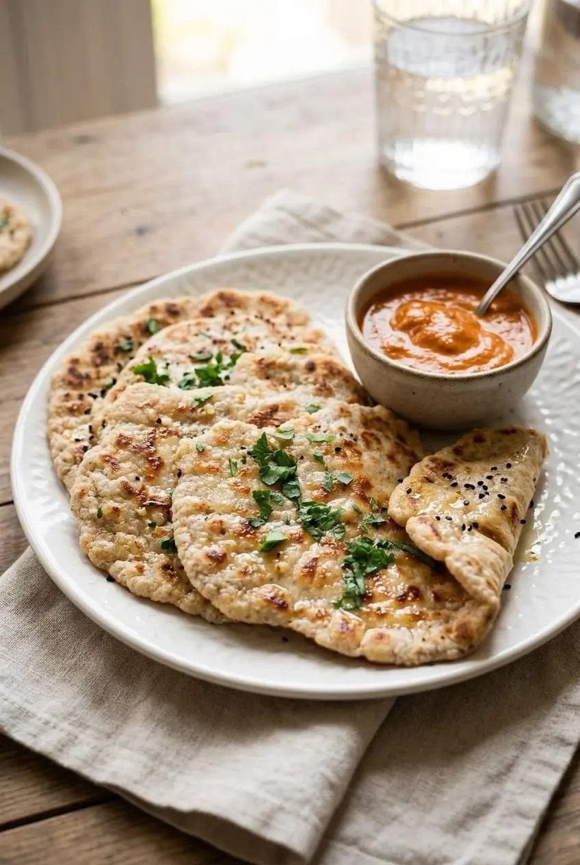 A stack of keto naan flatbreads brushed with ghee and sprinkled with nigella seeds next to butter chicken.