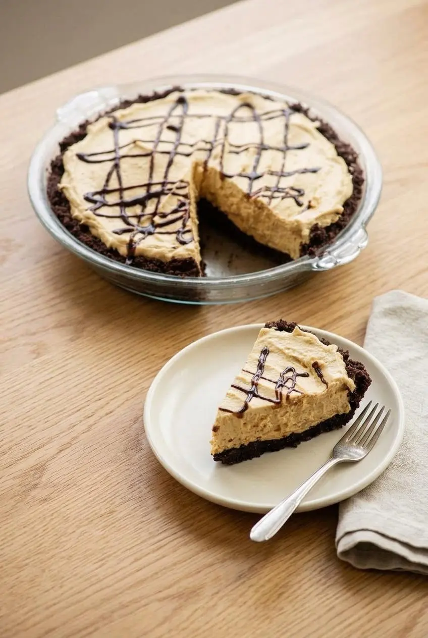 Whole keto peanut butter pie in a dish with a neat wedge served on a dessert plate.