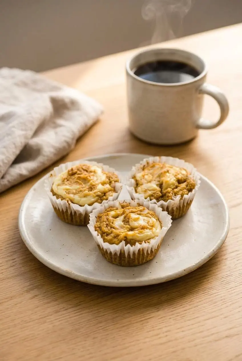 Three keto pumpkin cream cheese muffins on a ceramic plate next to a cup of hot black coffee.