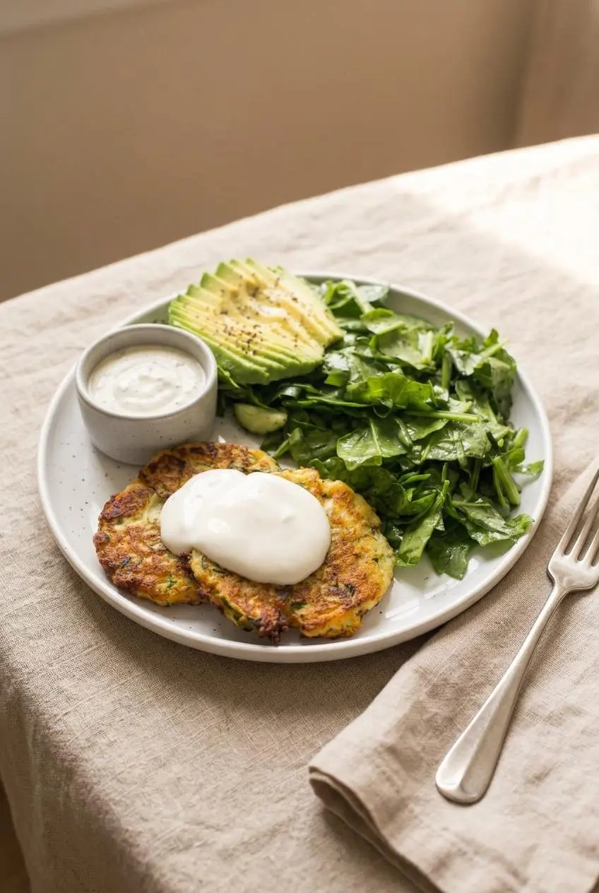 Plated keto zucchini fritters topped with sour cream alongside sliced avocado and a small bowl of keto ranch.