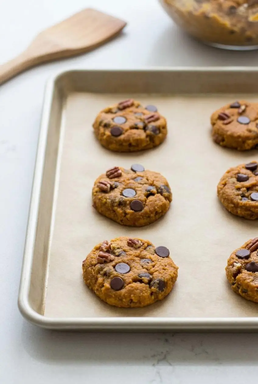 Unbaked keto pumpkin cookie dough mounds flattened on a parchment-lined baking sheet.