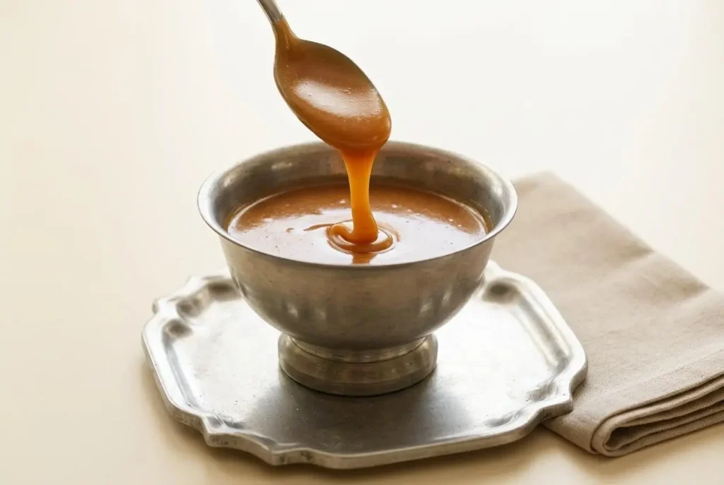 Glossy golden keto caramel sauce pooled beautifully in a glass jar, showing a smooth and velvety texture.