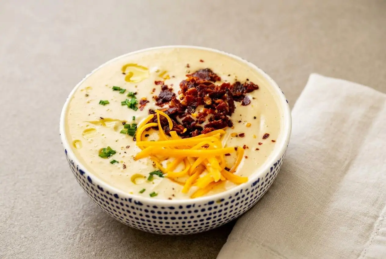 Velvety keto cauliflower soup in a bowl garnished with crispy bacon and fresh chives.