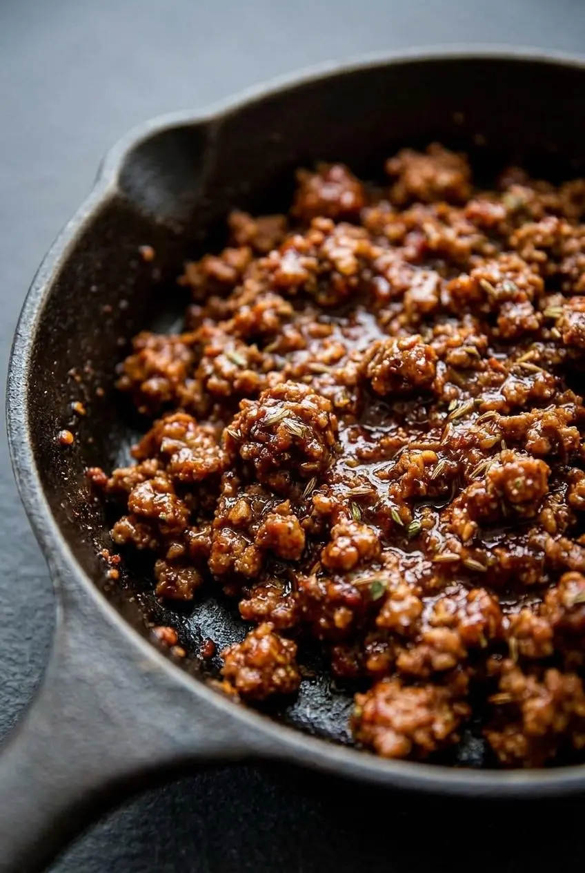 Simmering ground beef in a cast iron skillet coated in a glossy, thick taco sauce with flecks of herbs.