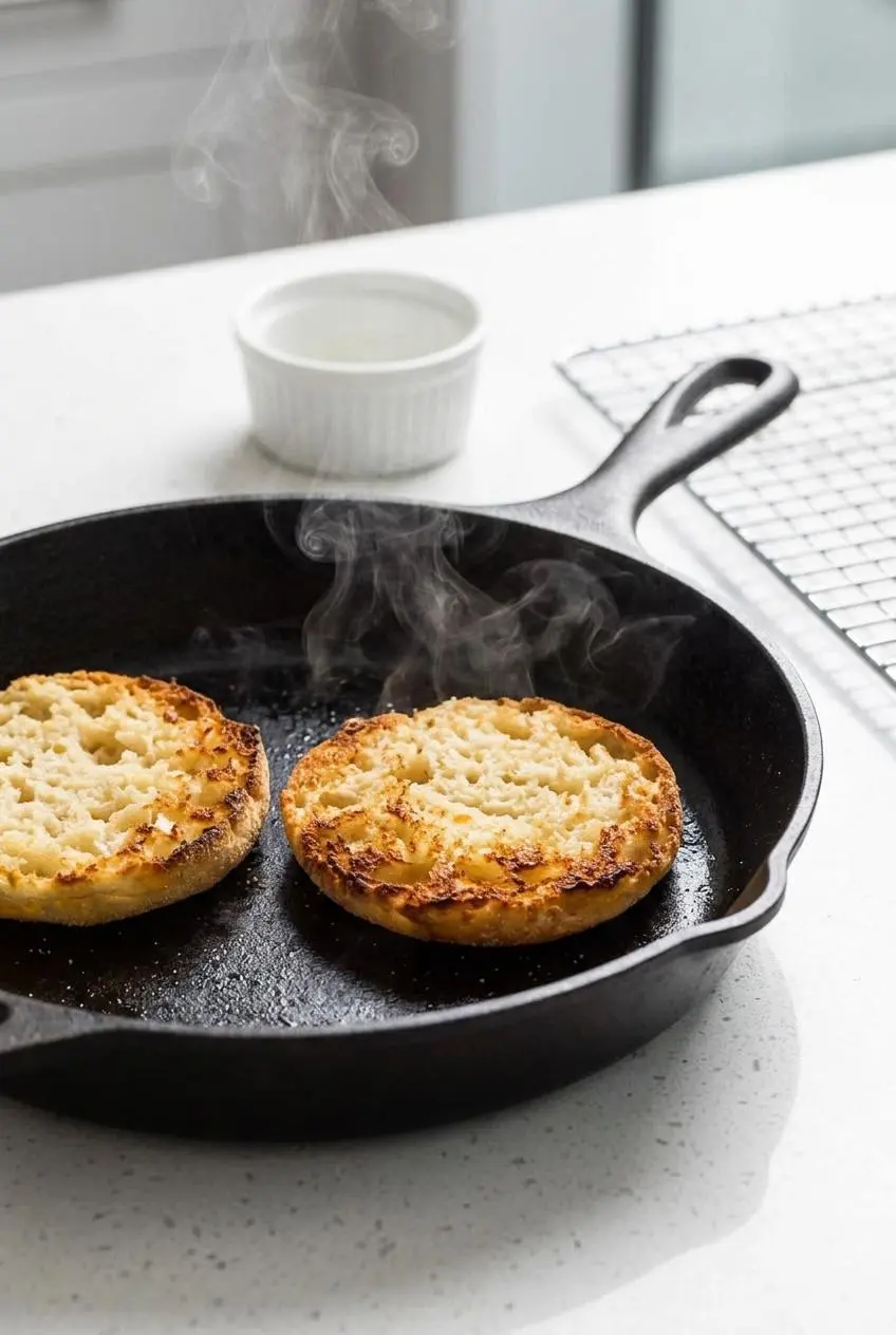 Split keto English muffin halves toasting cut-side down in a hot cast iron skillet.