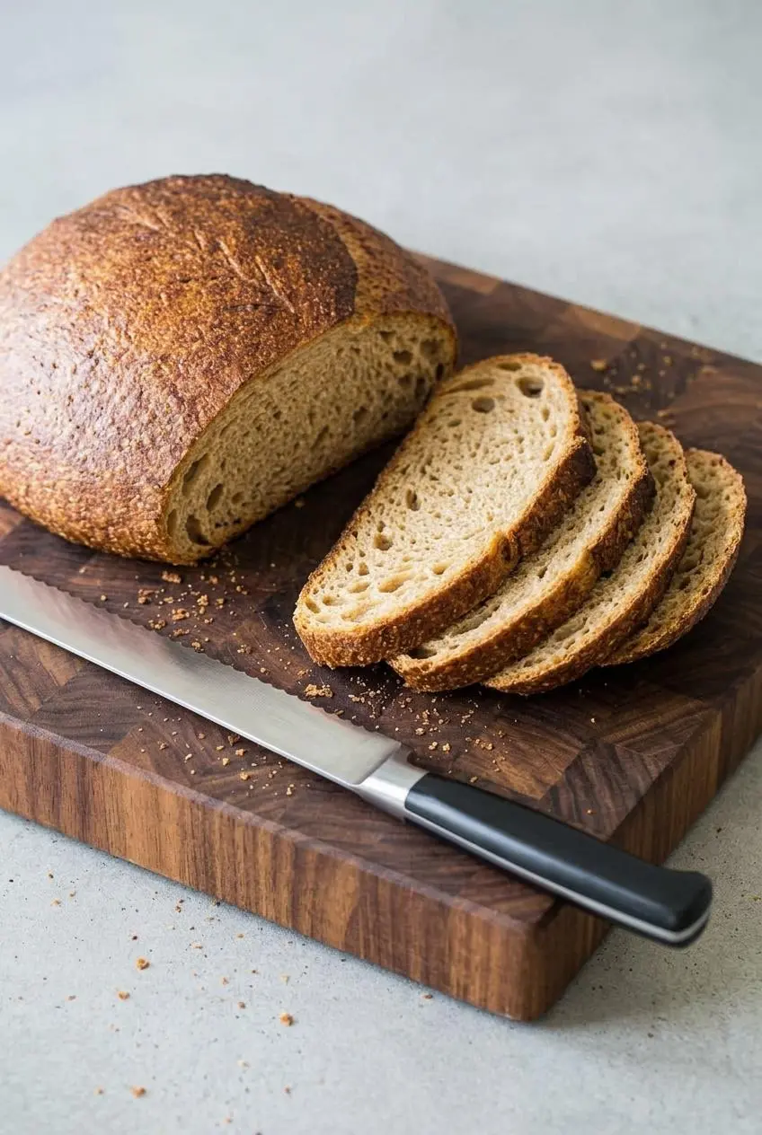 Neatly sliced keto sourdough loaf arranged in even portions next to a serrated bread knife on a cutting board.