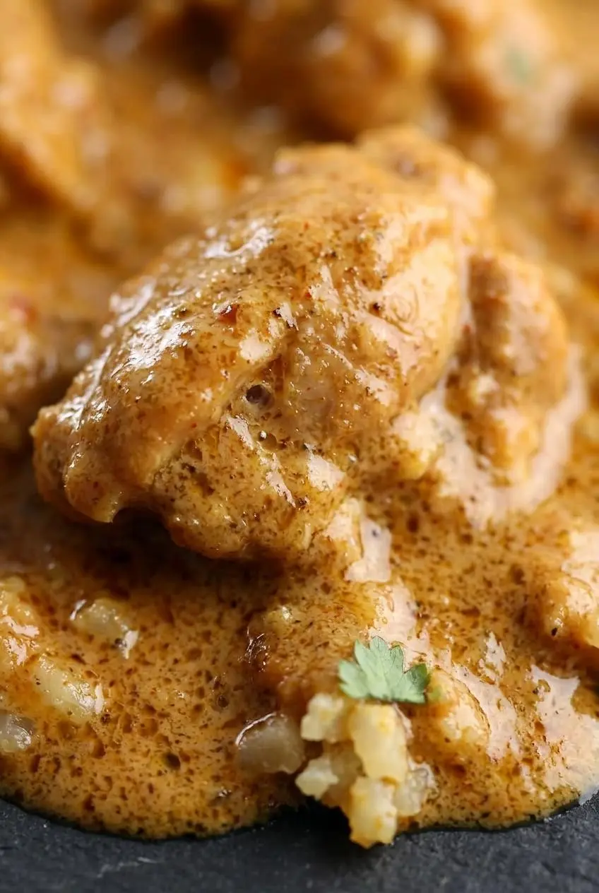 Close-up of thick, velvety orange curry sauce coating tender chicken thigh with flecks of spices.