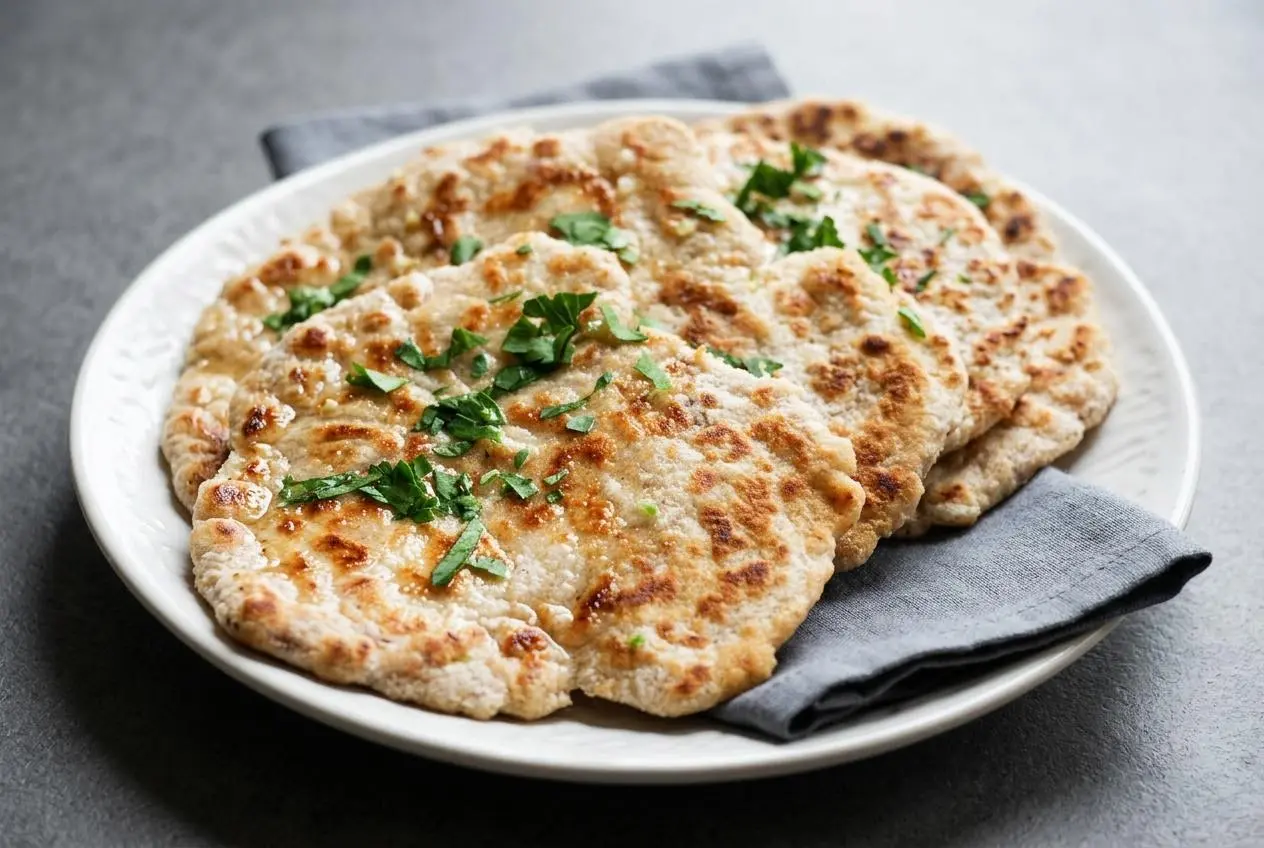 Soft and pliable keto naan bread with golden brown charred spots brushed with melted butter.
