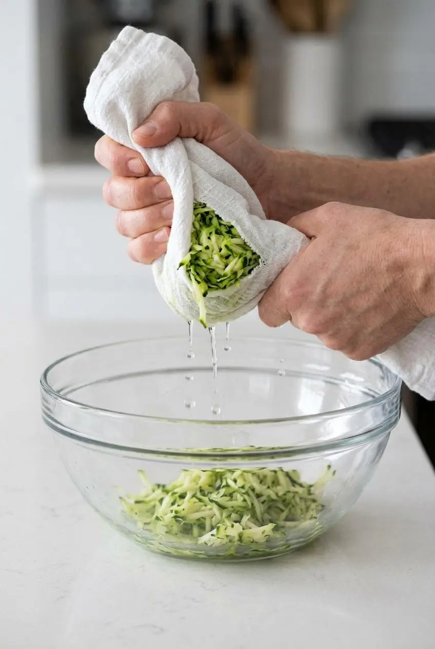 Hands squeezing excess water out of grated zucchini using a white kitchen towel over a bowl.