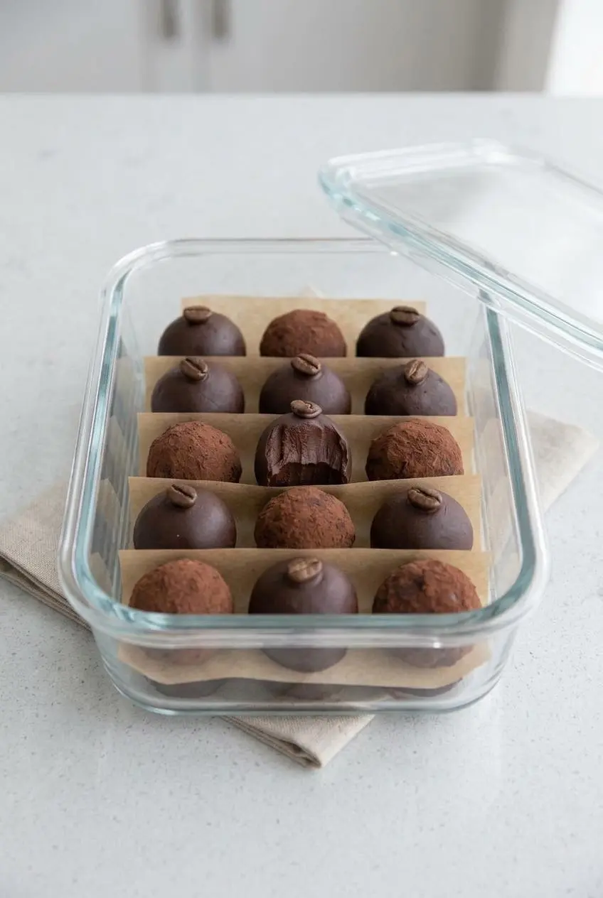 Glass storage container filled with rows of chilled keto chocolate truffles layered with parchment paper.